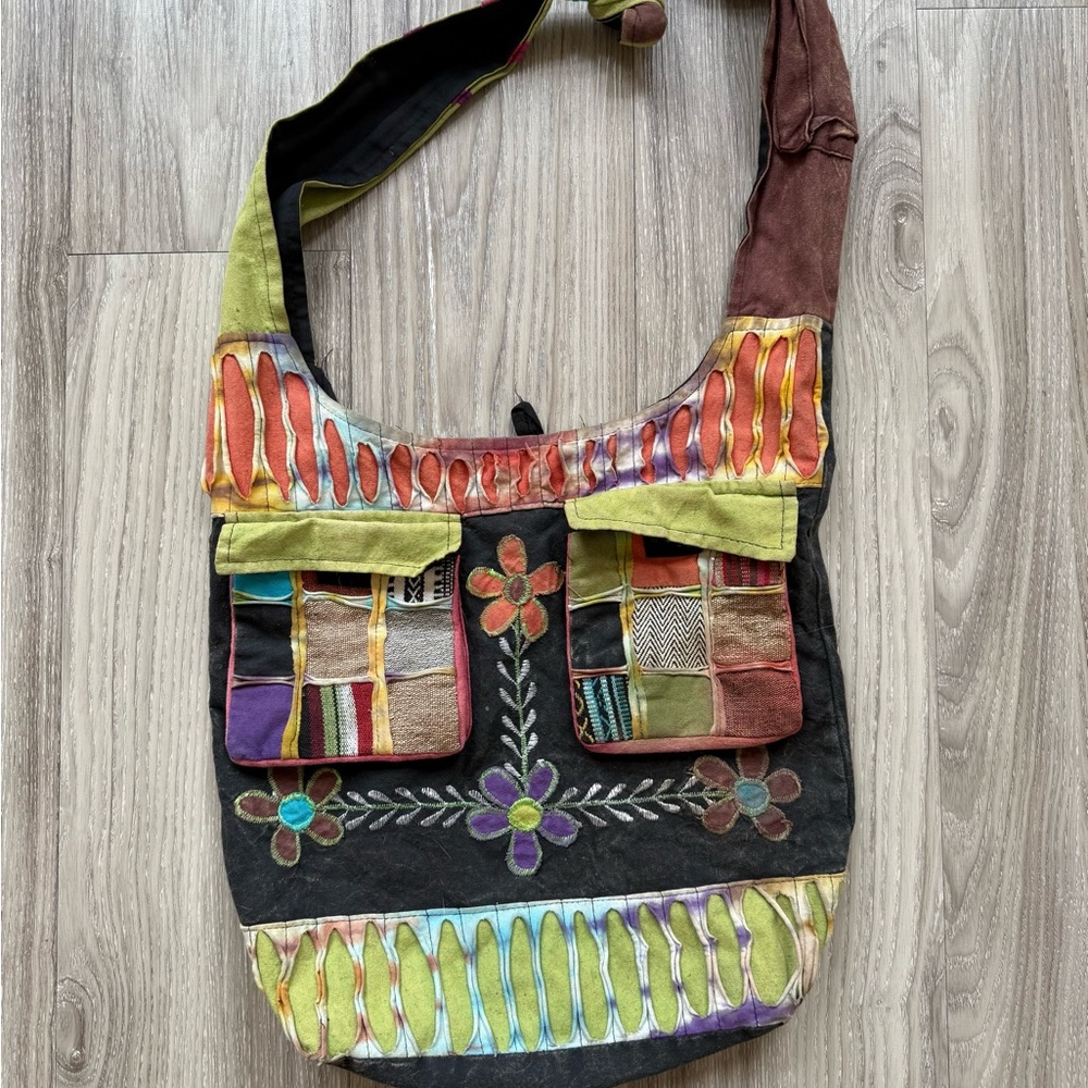Black and Brown Hobo Bag with Slouchy Shape and Patchwork Design